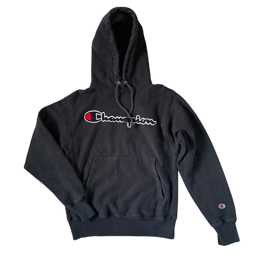Vtg Champion Reverse Weave Logo Script SMALL men's unisex Pullover Hoodie Black